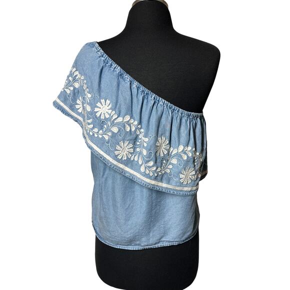 Rebecca Minkoff Rita Denim Chambray One Shoulder Embroidered Blouse Top Blue S - Picture 7 of 12